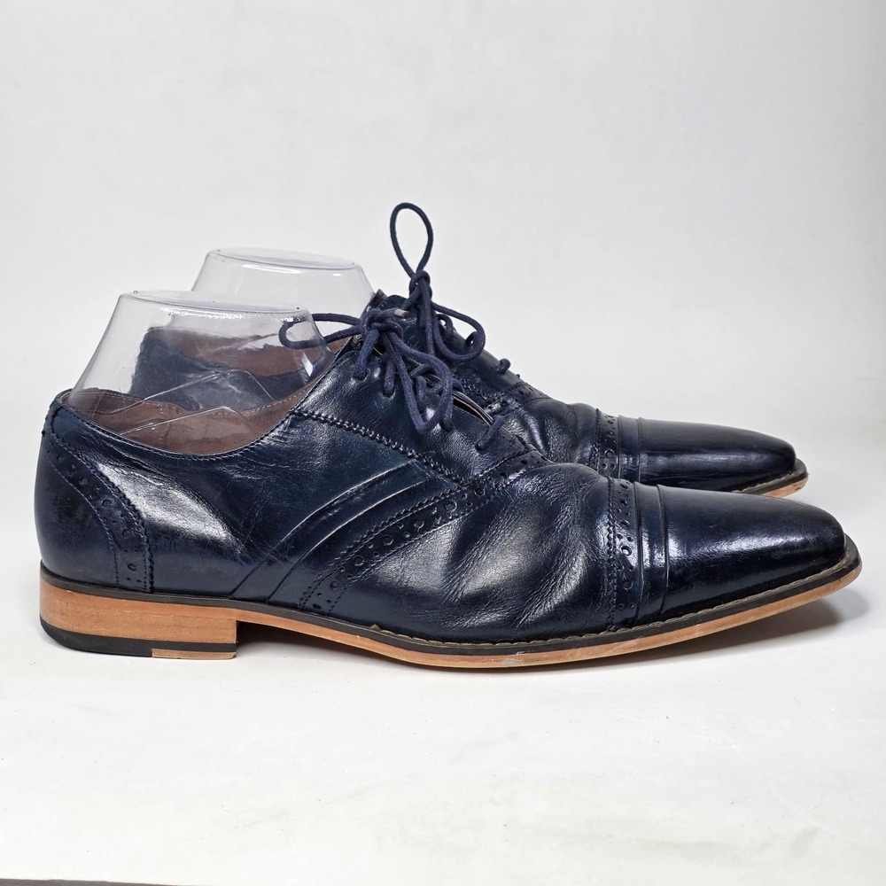 Stacy Adams Shoes Men's Size 10.5 Navy Blue Leather Cap Toe Brogue Oxford Casual